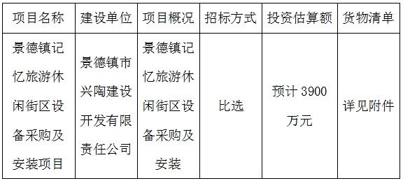 景德鎮(zhèn)記憶旅游休閑街區(qū)設備采購及安裝項目計劃公告